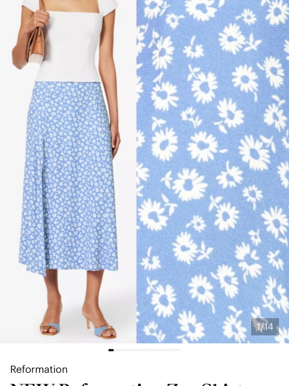 Reformation Sky Blue Floral-Print Midi Skirt